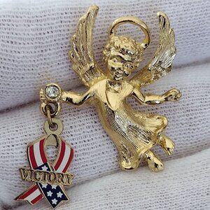 Vintage Guardian Angel with Rhinestone Holding Victory American Flag Ribbon